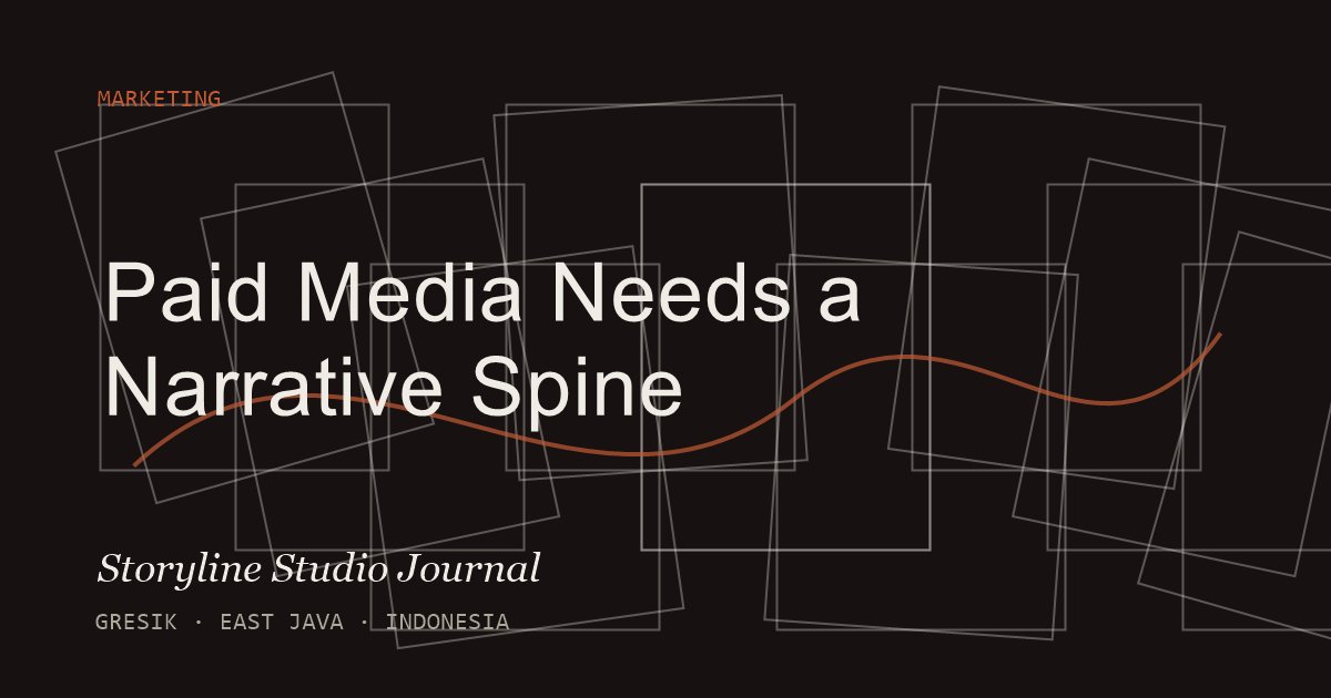 Rust and black editorial cover for an article about paid media narrative